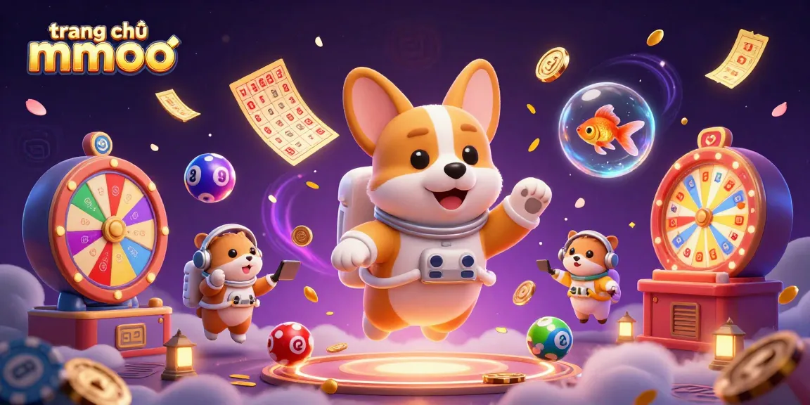 Engage with the excitement of trang chủ mmoo's online casino, featuring an astronaut corgi amidst drifting poker chips and golden coins.