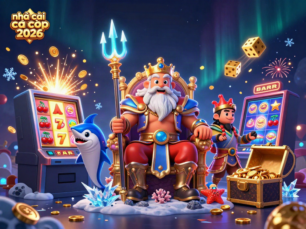 Engaging illustration of nhà cái cá cược uy tín 2026 featuring Neptune and casino elements bursting with energy.