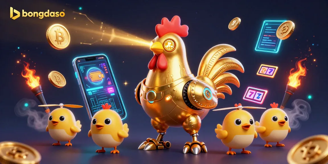 Bongdaso showcases an energetic 3D scene featuring a golden rooster robot and baby chick drones amidst gambling elements.