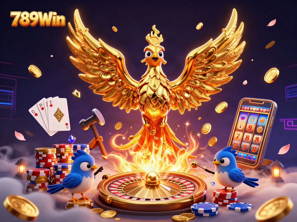 Play slots at 789Win with an enchanting golden phoenix and dazzling casino elements.