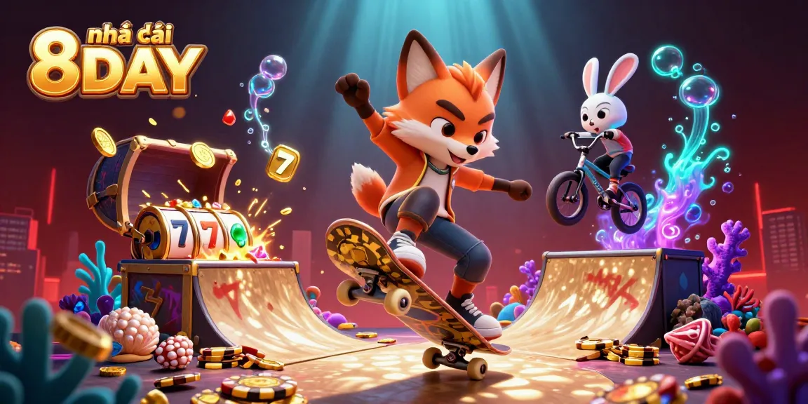 Experience thrilling action at Nhà cái 8DAY with vibrant casino-themed 3D illustration.