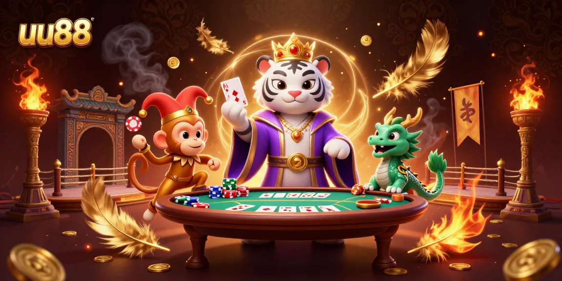 Experience thrilling card action with uu88's vibrant casino illustration featuring a tiger, monkey, and dragon.
