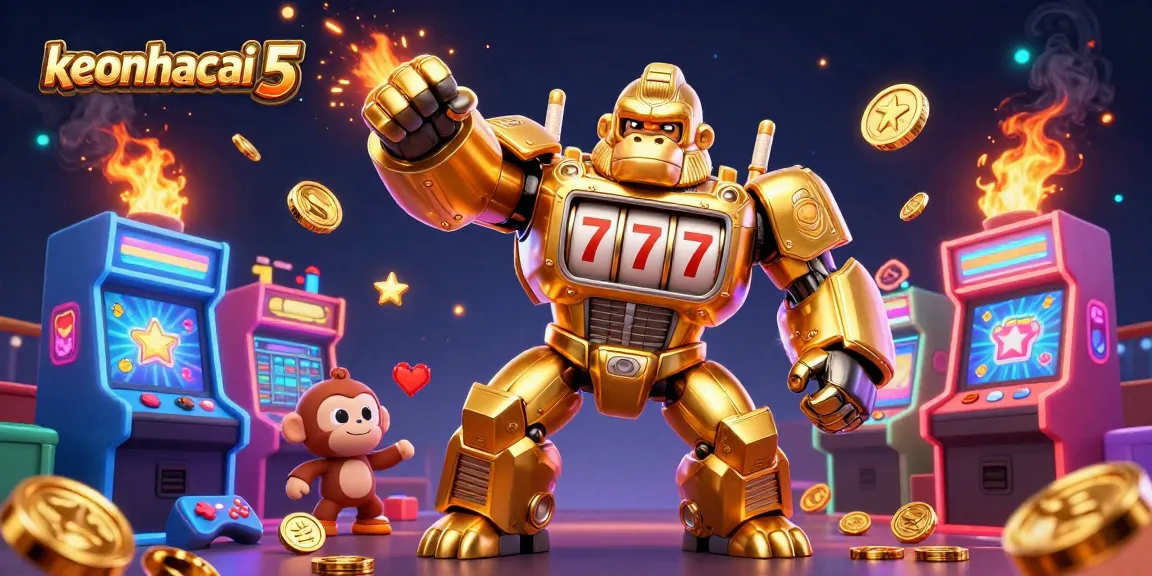 Engage with keonhacai 5 in a vibrant gaming scene featuring a golden gorilla mech and dynamic arcade elements.
