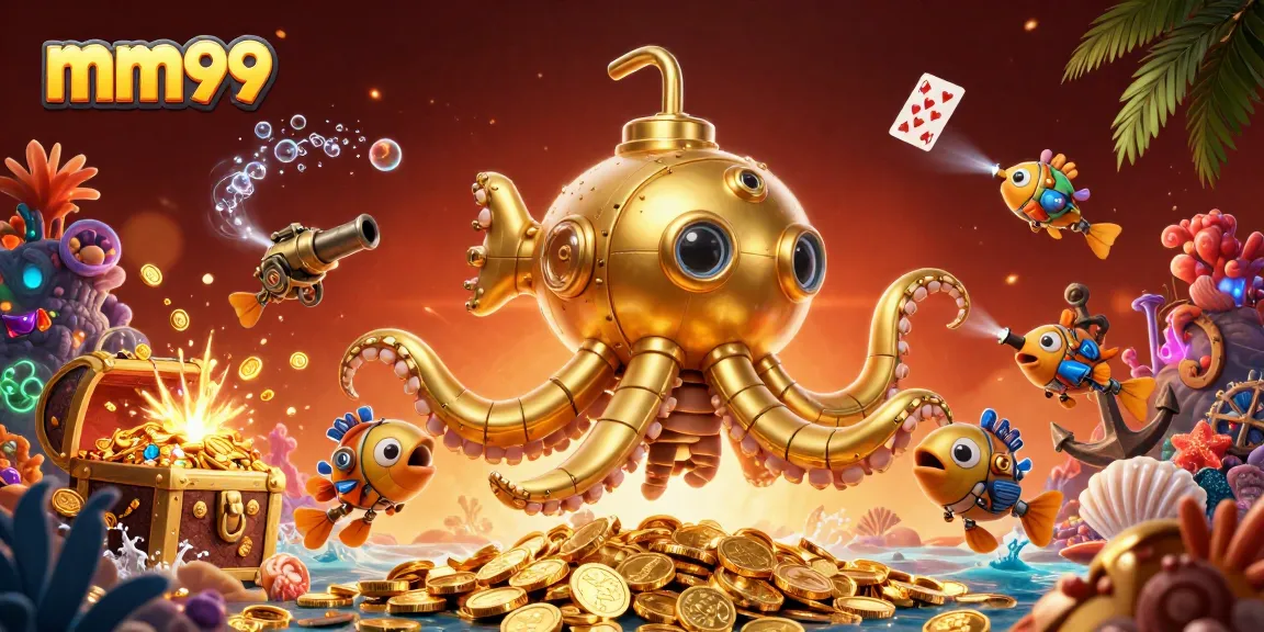 Experience the excitement of mm99 as a golden kraken submarine surfaces amidst treasure and gambling elements.