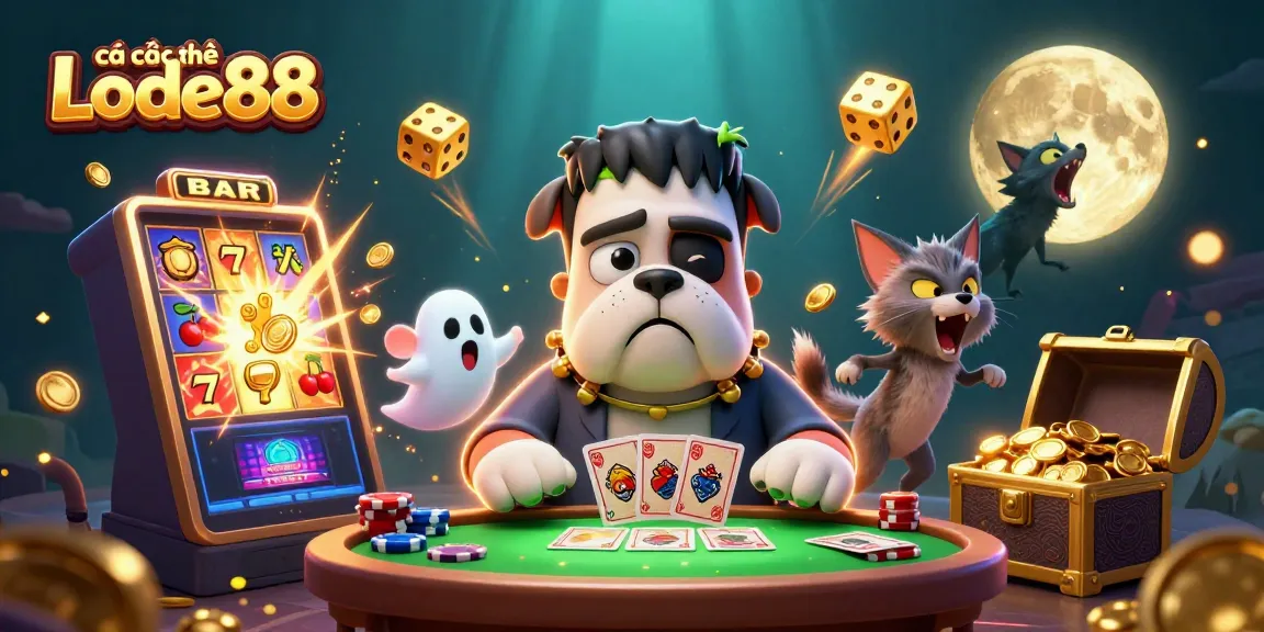 Cá cược thể thao Lode88 showcases a dynamic 3D scene with characters and casino game elements.