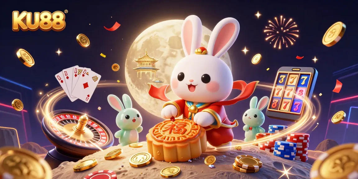 Experience winning fun at KU88 with a vibrant 3D casino scene filled with moon rabbits, golden coins, and poker chips.