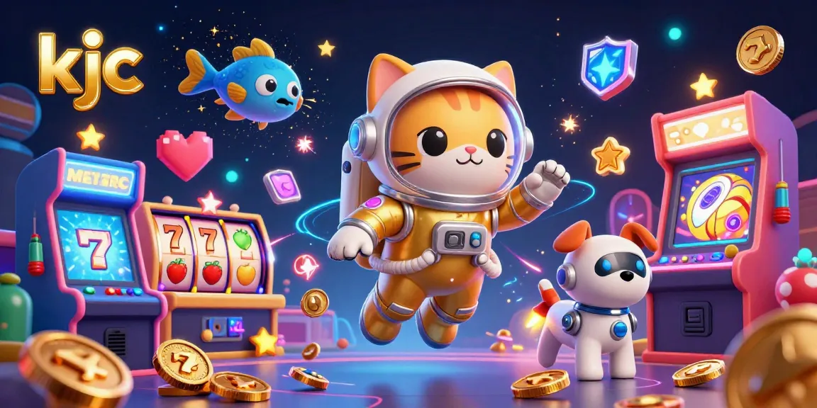 Experience the vibrant gaming world of kjc with a playful 3D astronaut cat amidst colorful slot reels.