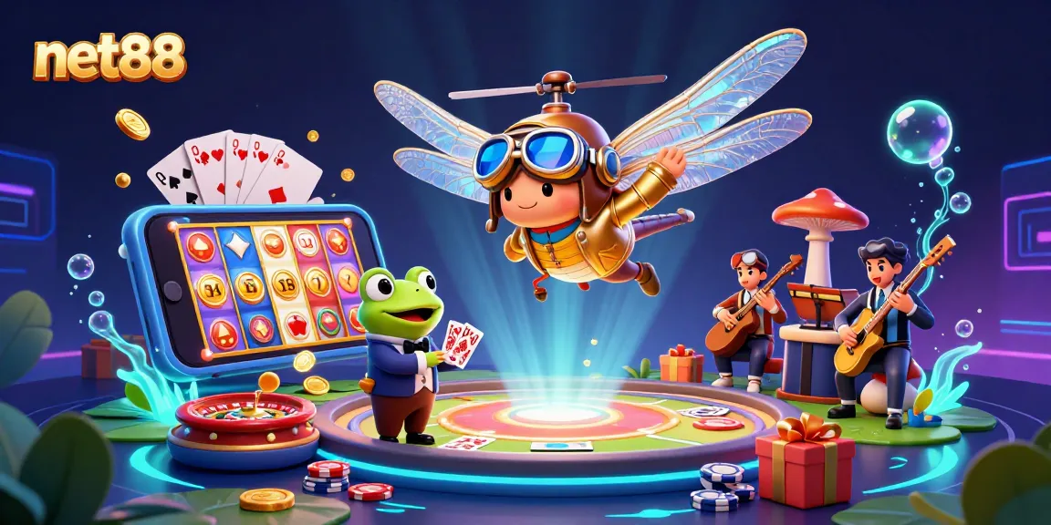 Join the excitement at net88 with a vibrant dragonfly pilot and frog croupier in a jazzy casino scene.