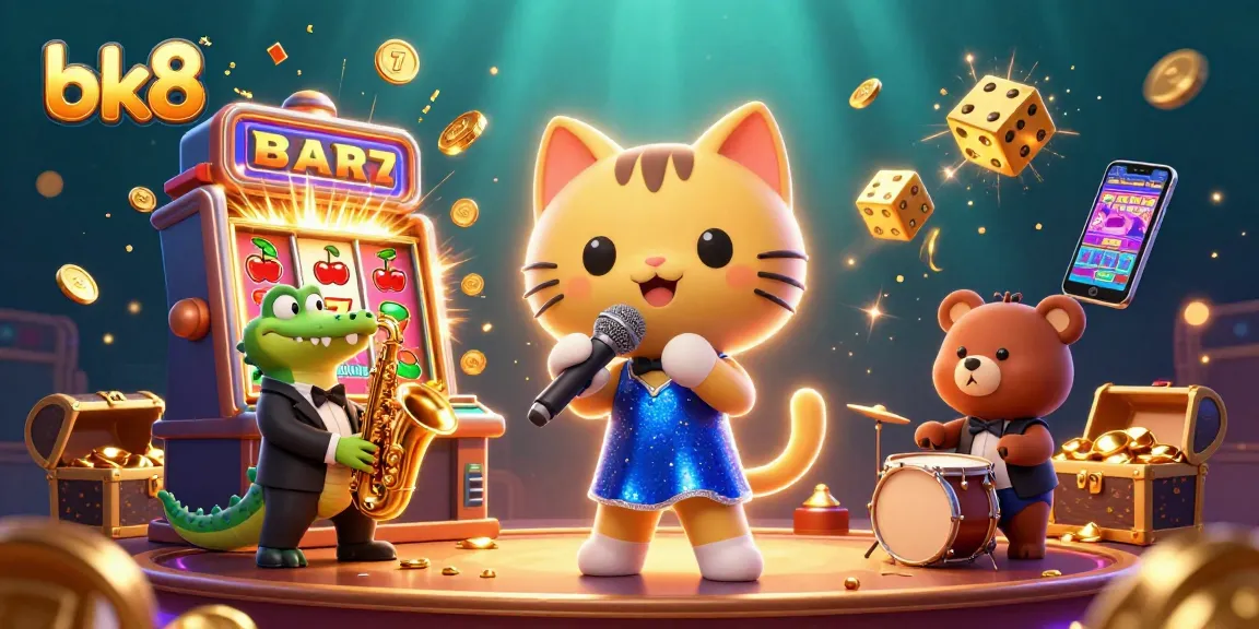 Join the fun at bk8 live casino with a saxophone-playing crocodile and a singing cat in a vibrant 3D illustration.