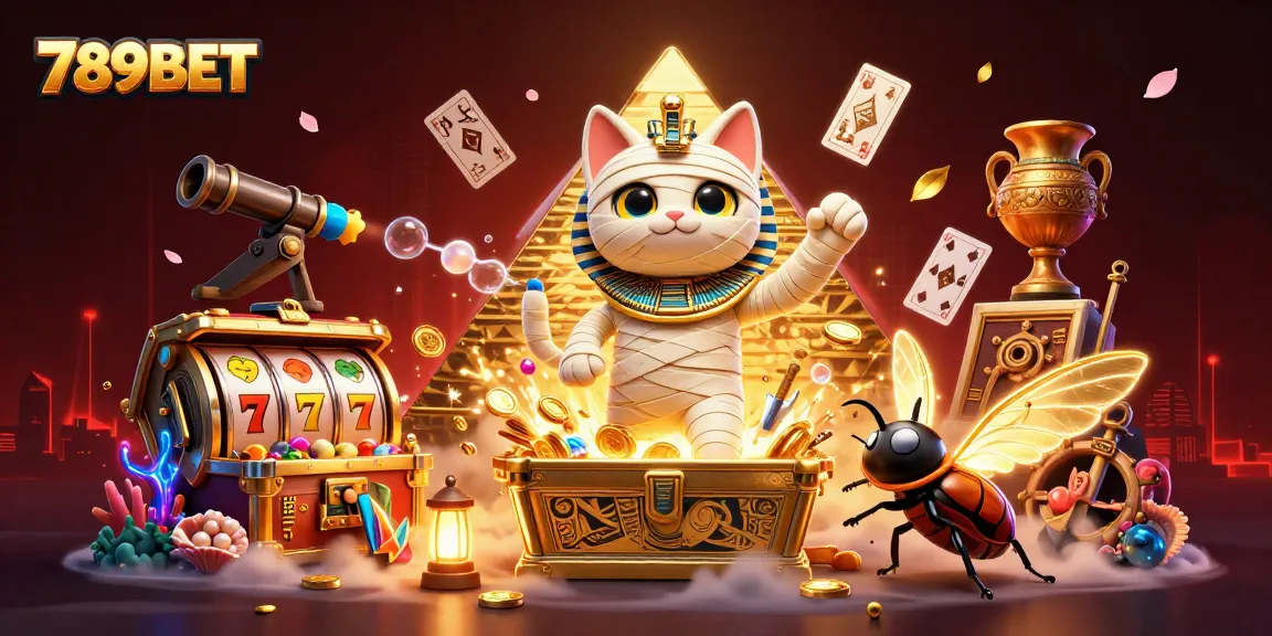 Experience the thrilling atmosphere of 789BET with a 3D Egyptian mummy cat and golden gaming elements.