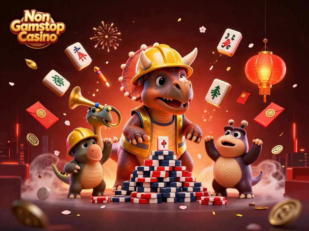 Experience high-energy fun at Non Gamstop Casino with triceratops building poker chips and festive elements.