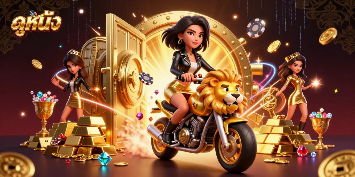 Experience the thrill of ดูหนัง as you ride a golden lion, surrounded by vibrant gambling elements and treasures.