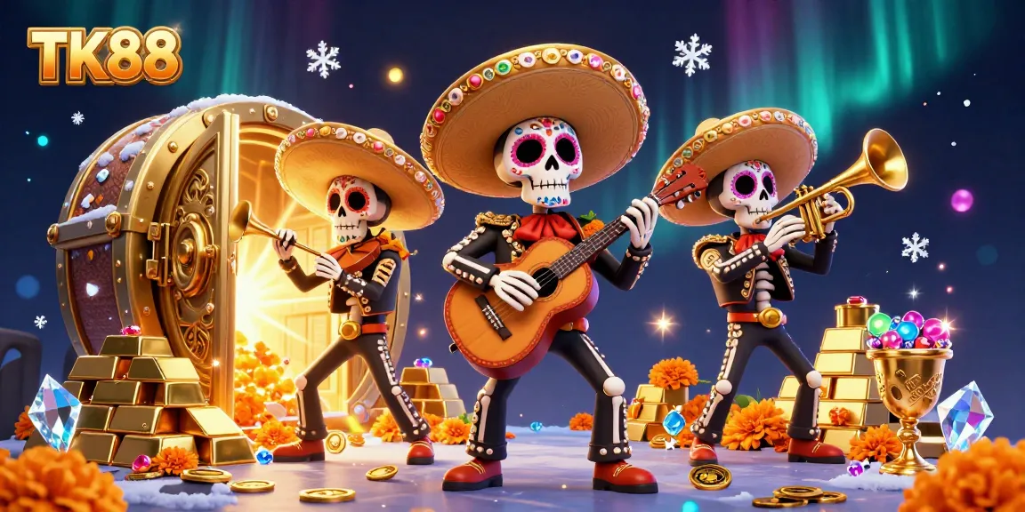 Experience thrilling gameplay at TK88 with vibrant mariachi characters and a treasure-filled backdrop.