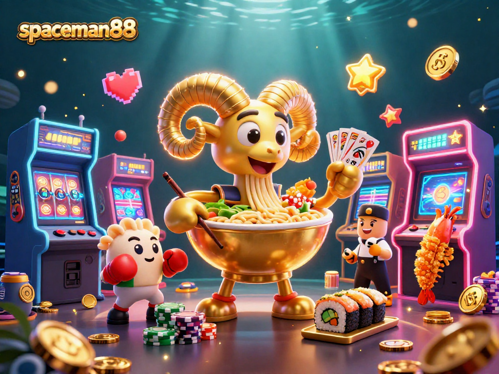Experience excitement with spaceman88 as a golden ramen bowl deals cards amidst a vibrant casino scene.