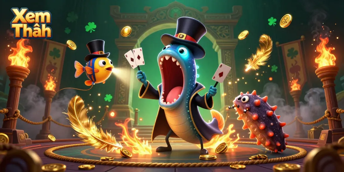 Xem Thêm vibrant casino illustration featuring a card trick by a gulper eel, anglerfish spotlight, and sea cucumber magic.