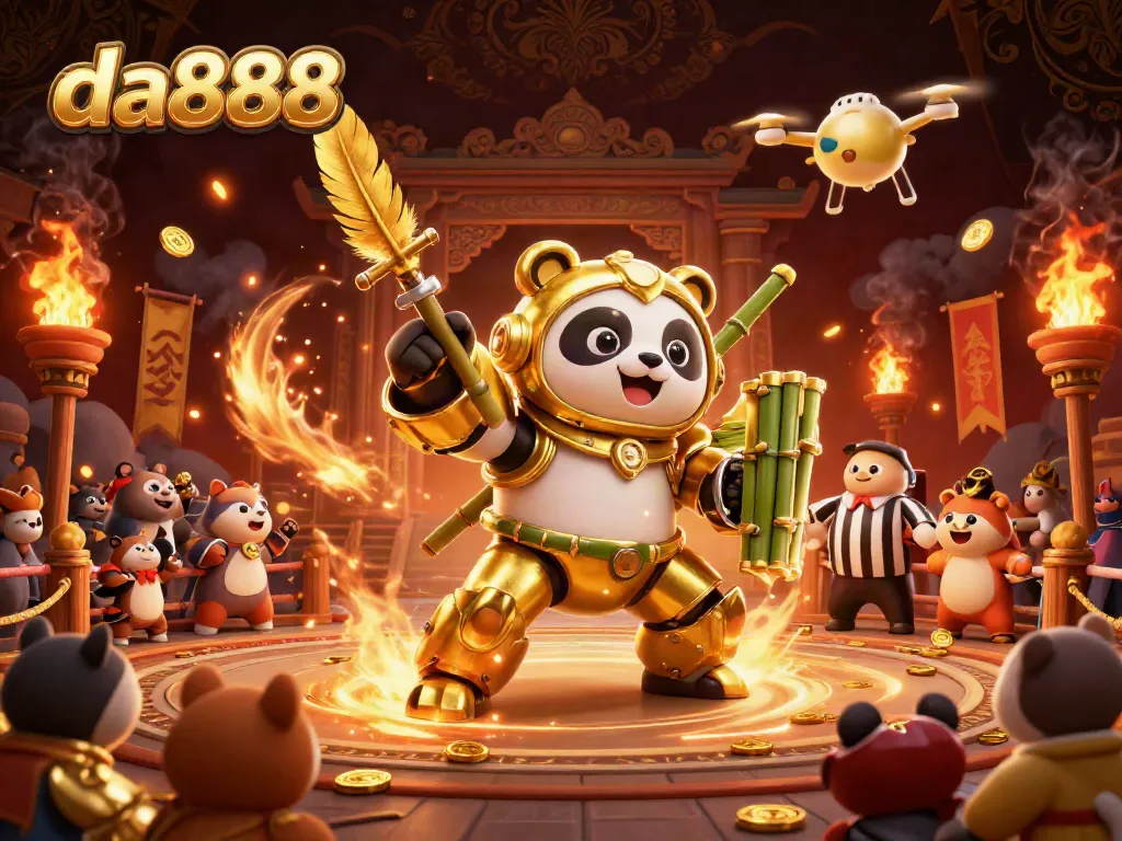 Experience the exciting gaming action at da888 with a 3D illustration showcasing a golden panda piloting a robot in a vibrant arena.