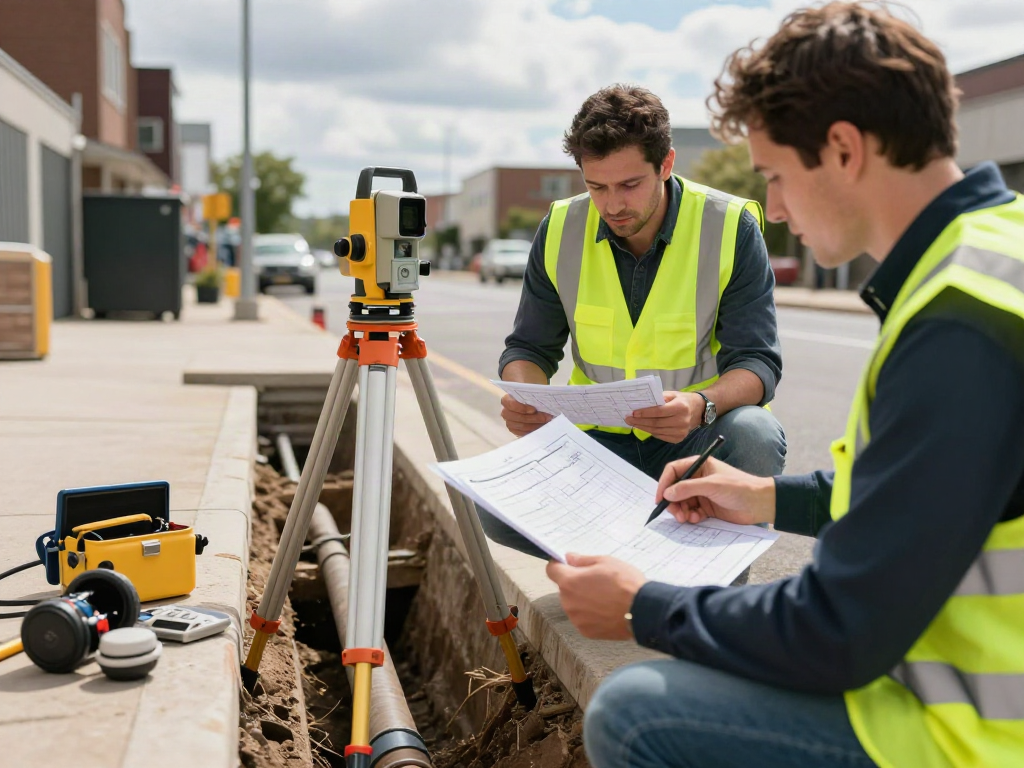 Drainage mapping London scene with surveyors using GPS and CAD technology.