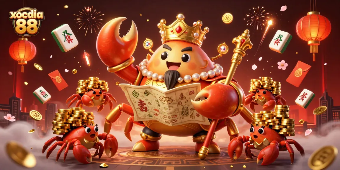 xocdia 88 showcases a vibrant gambling scene with a golden crab emperor, casino elements, and festive decorations.