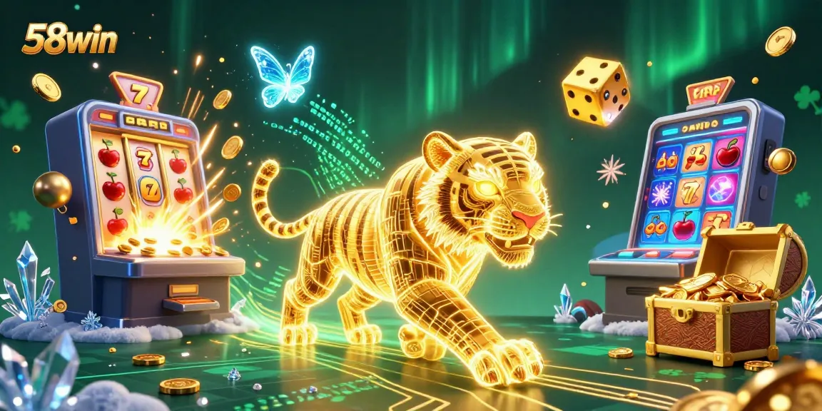 Experience the thrill of 58win with vibrant casino elements and a glowing tiger in a dynamic digital landscape.