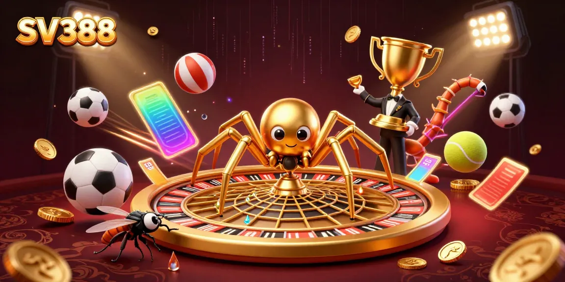Bet on SV388: 3D cartoon scene with a golden spider, a fly, and a centipede croupier.