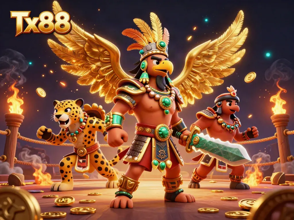 Experience high-stakes action at Tx88 with vibrant Aztec warriors amidst a bustling casino atmosphere.