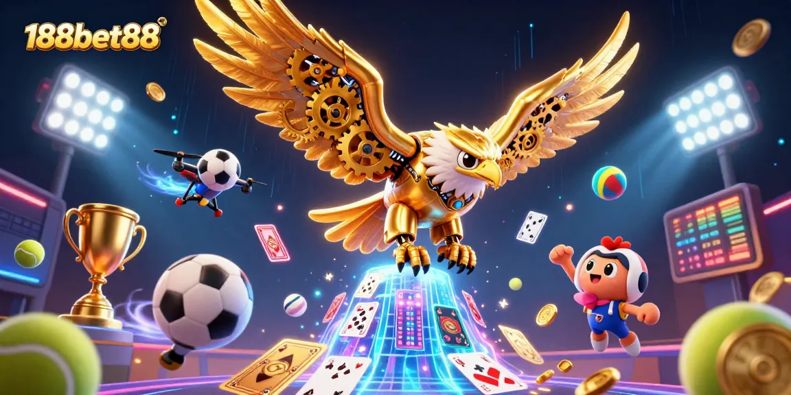 Experience thrilling games at 188bet88 as a golden eagle navigates through virtual gambling excitement.