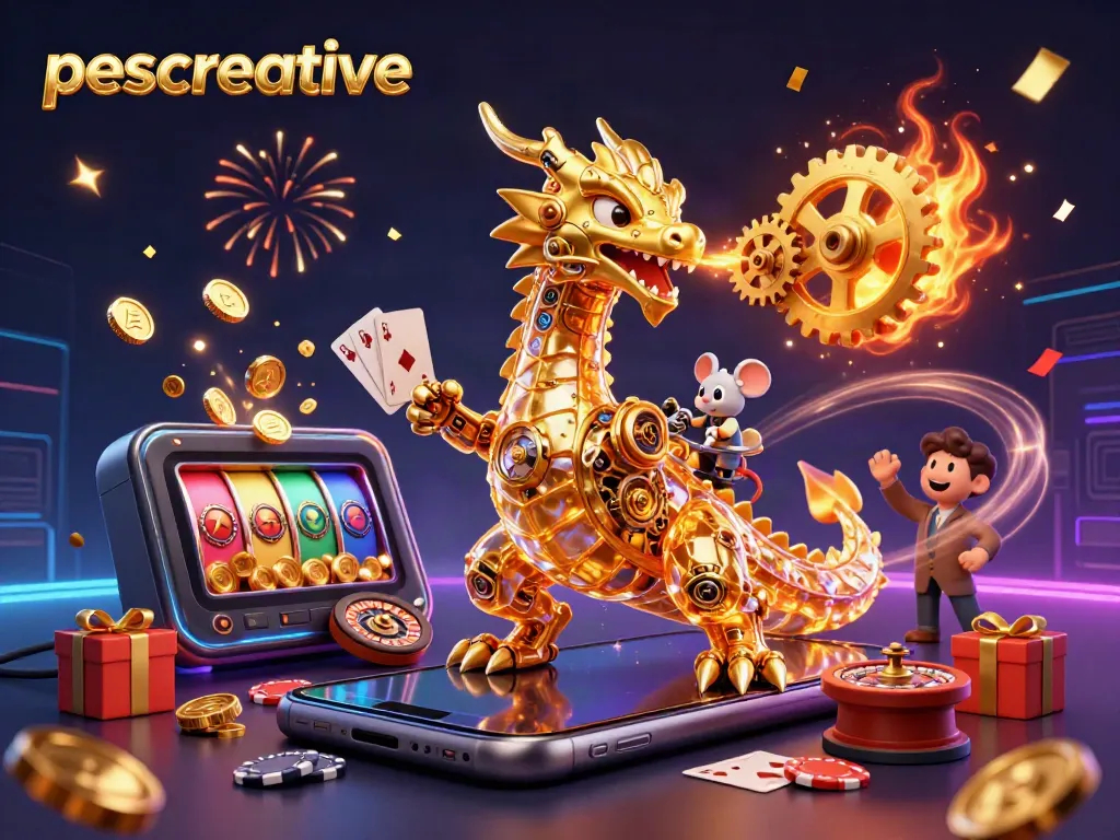 Experience the excitement of gambling with pescreative's vibrant casino scene featuring a golden dragon and gaming elements.