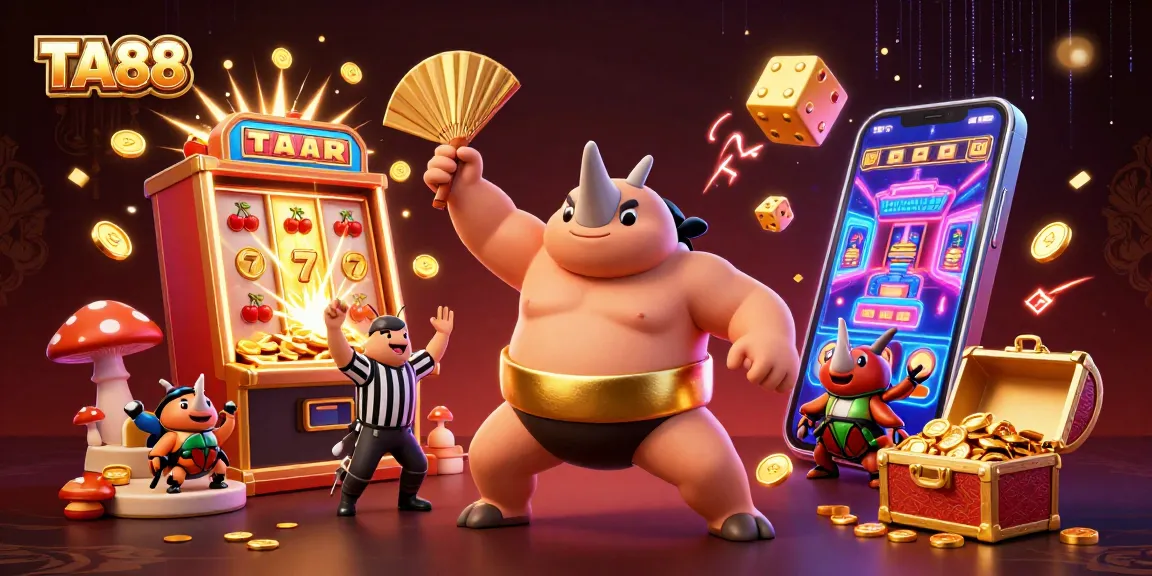 Experience the excitement of TA88 with a dynamic casino scene featuring a beetle champion and vibrant game elements.