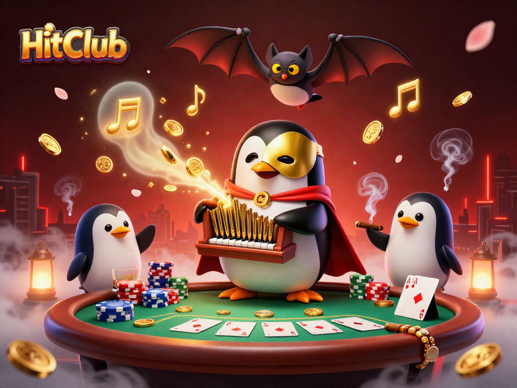 HitClub casino features a 3D cartoon penguin and bat acrobat, engaging in a vibrant gambling scene.