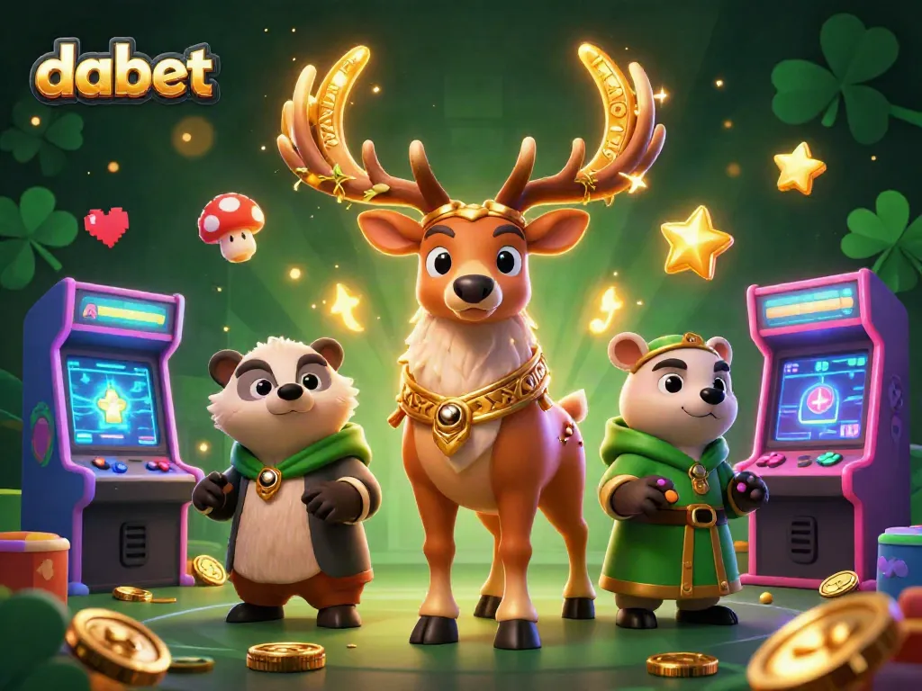 Dabet's Celtic druid stag and wise badger celebrate a vibrant casino scene filled with arcade games.