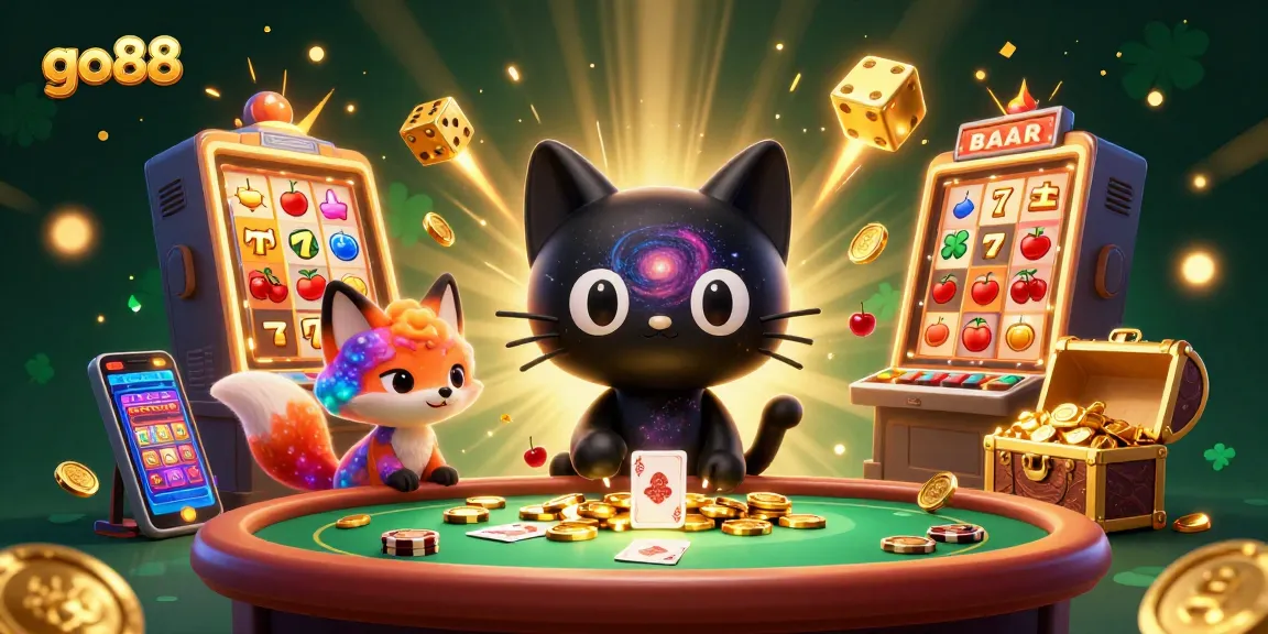 Experience the ultimate thrill with go88 as a cosmic cat pulls in golden chips at a lively casino.