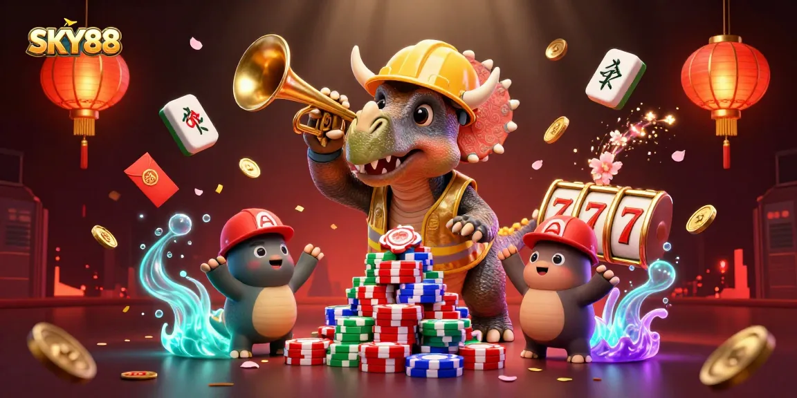Engage with SKY88 as a vibrant triceratops builds a poker chip pyramid, celebrating with casino elements.