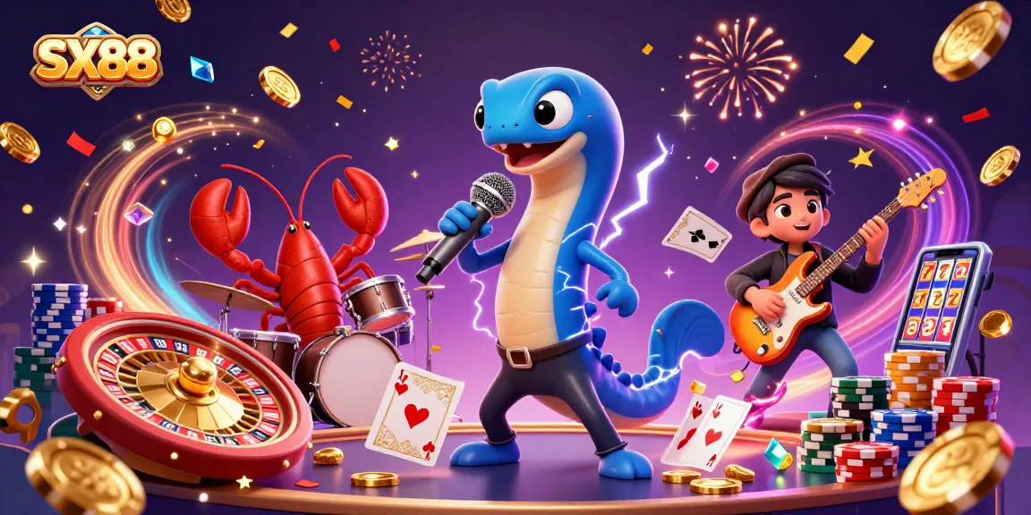 SX88 showcases an electric eel DJ at an underwater casino, surrounded by vibrant game elements and festive energy.