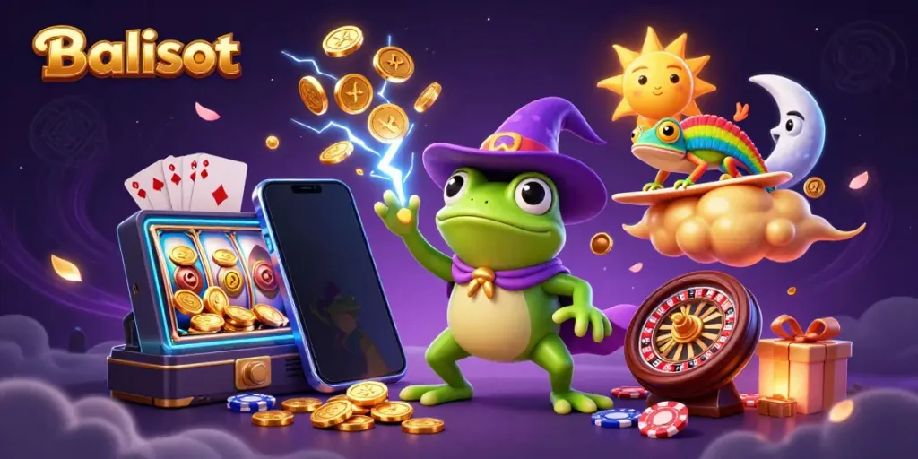 Balislot's magical casino scene with vibrant characters, slot games, and rich golden coins.