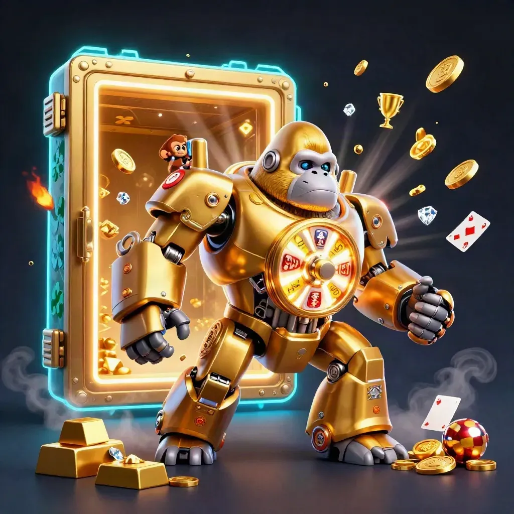 Golden gorilla mech and monkey pilot burst from a vault with electric-blue casino light.
