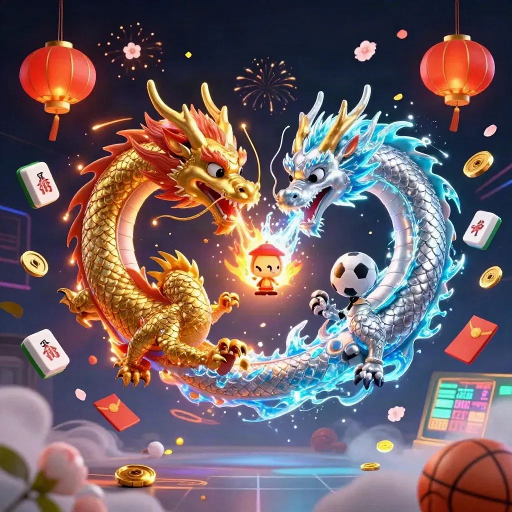 Twin gold and silver dragons clash in a neon casino sky with lanterns, coins and game props.