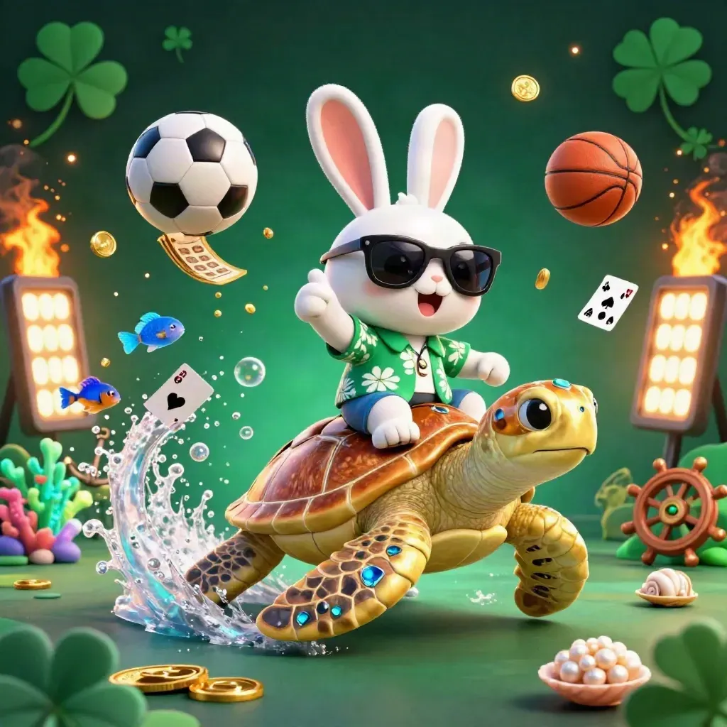 Lucky rabbit rides a golden sea turtle amid coins, cards, coral, and sports balls.
