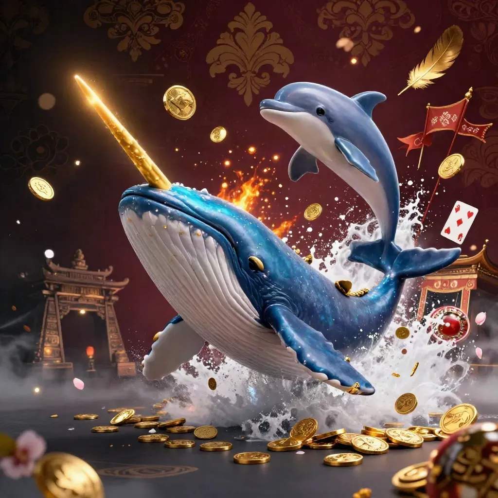 Whale captain, narwhal, and dolphins burst through coins in a dark neon casino fantasy.