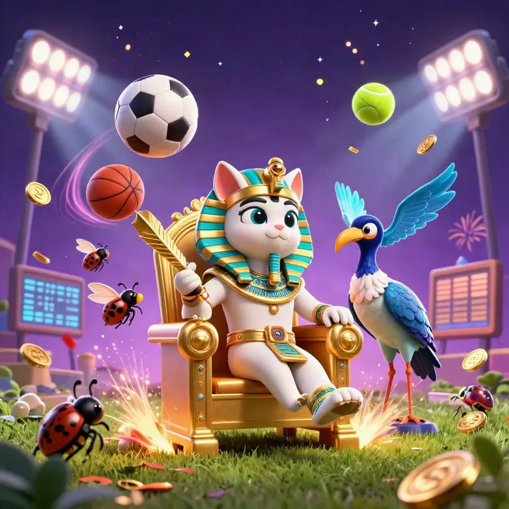Pharaoh cat, ibis and scarabs amid flying balls, floodlights and gold coins in neon casino fantasy.