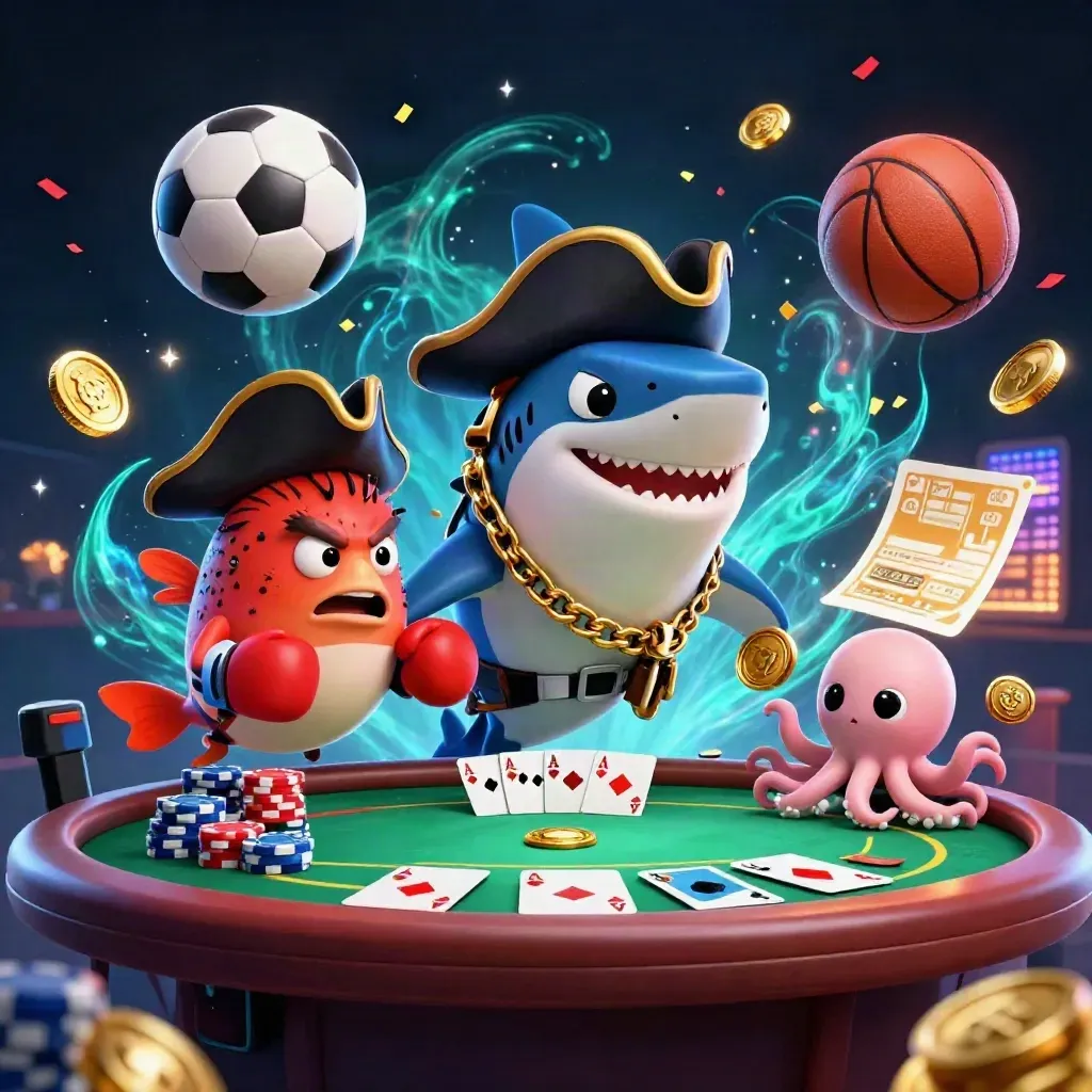 Pirate shark, boxing pufferfish and coin-juggling octopus amid poker chips and glowing casino energy