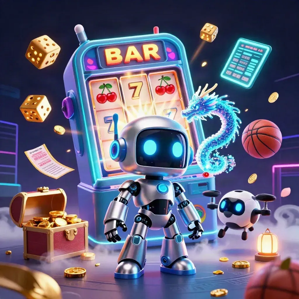 Cyberpunk robot, holographic dragon and drone amid casino bursts and sports balls on dark neon grid.