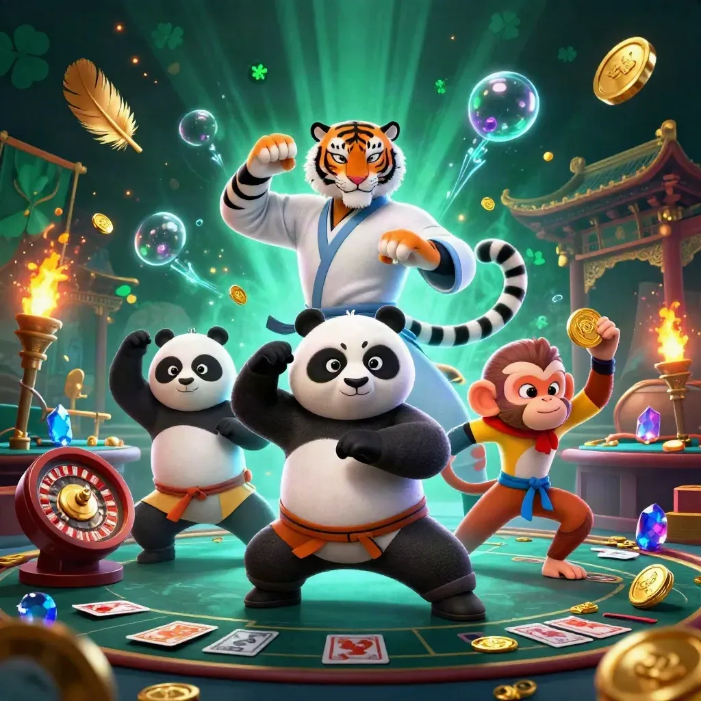 Kung-fu tiger, panda, and monkey amid glowing casino glamour and temple lights
