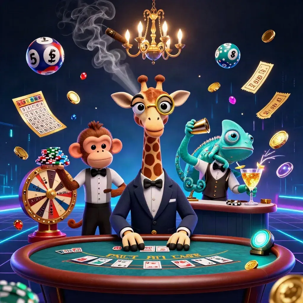Giraffe, monkey valet, and chameleon bartender amid casino props and neon effects.