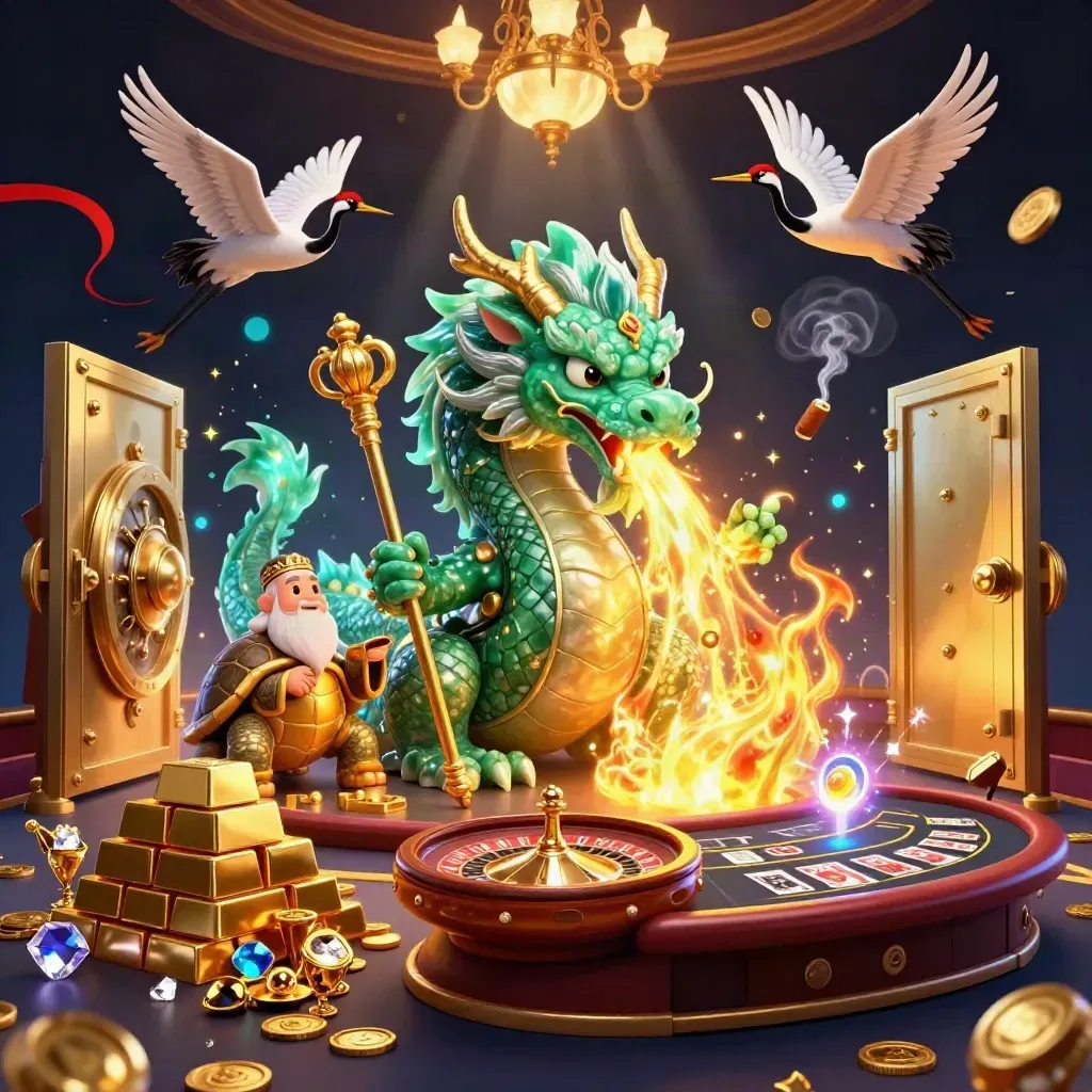 Dragon, turtle sage, and cranes amid vault glow, gold bars, gems, and teal casino lights