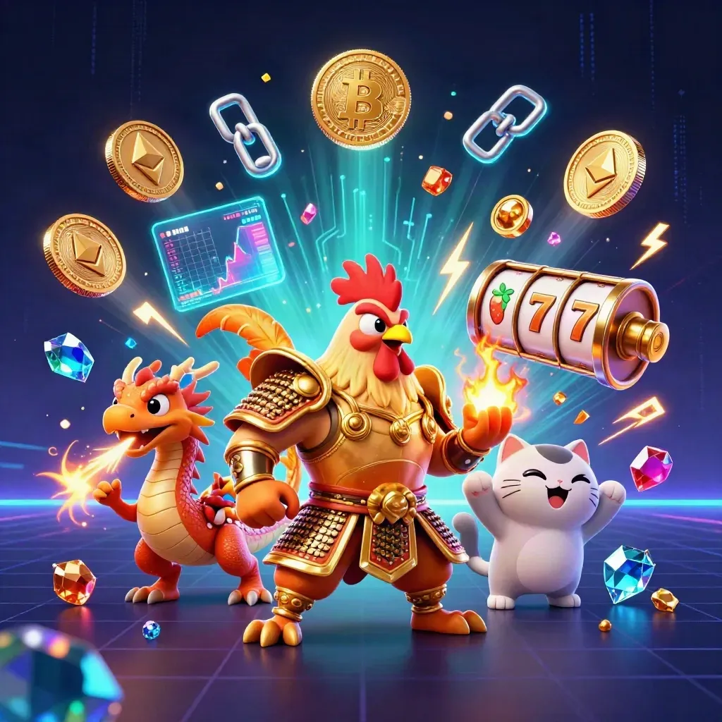 Rooster samurai, dragon hatchling and fortune cat amid neon casino coins and energy