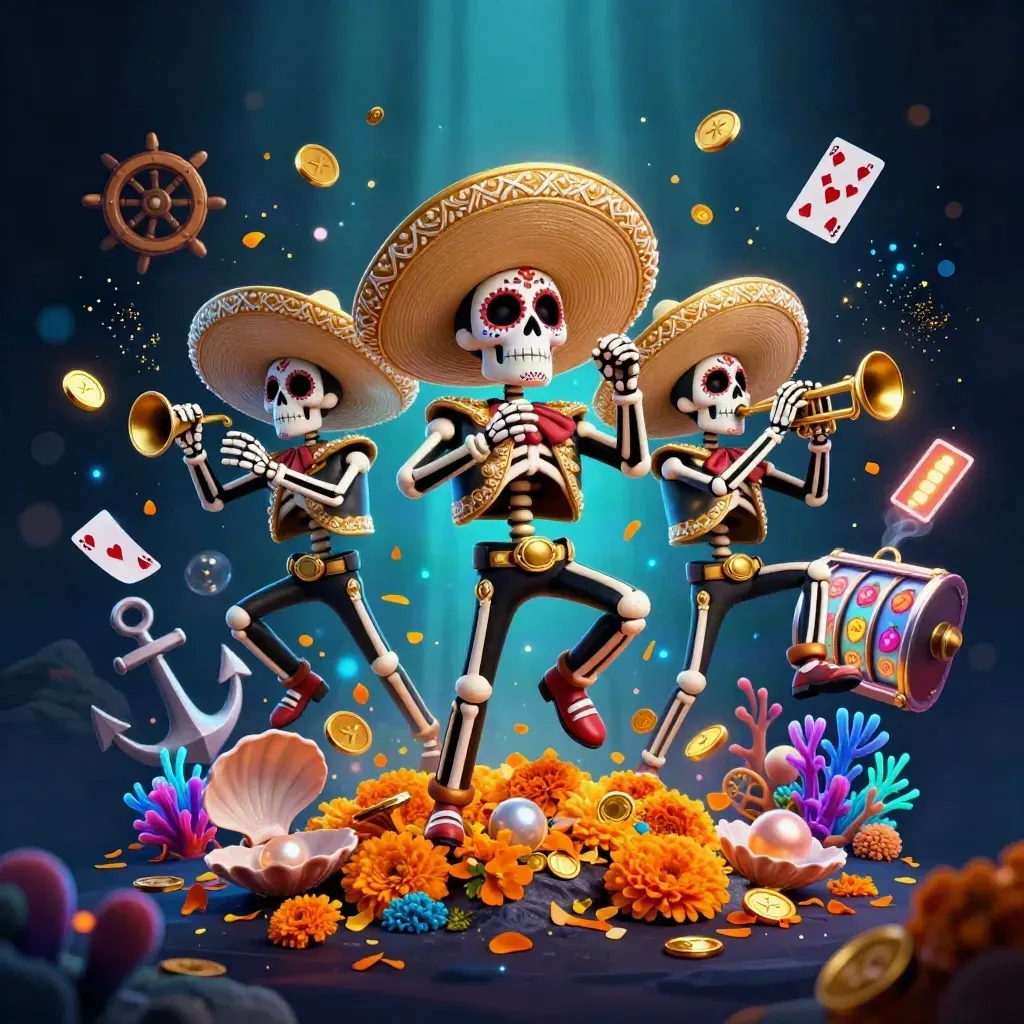 Skeleton mariachi trio in a teal underwater gold burst with coins, coral and bubbles.