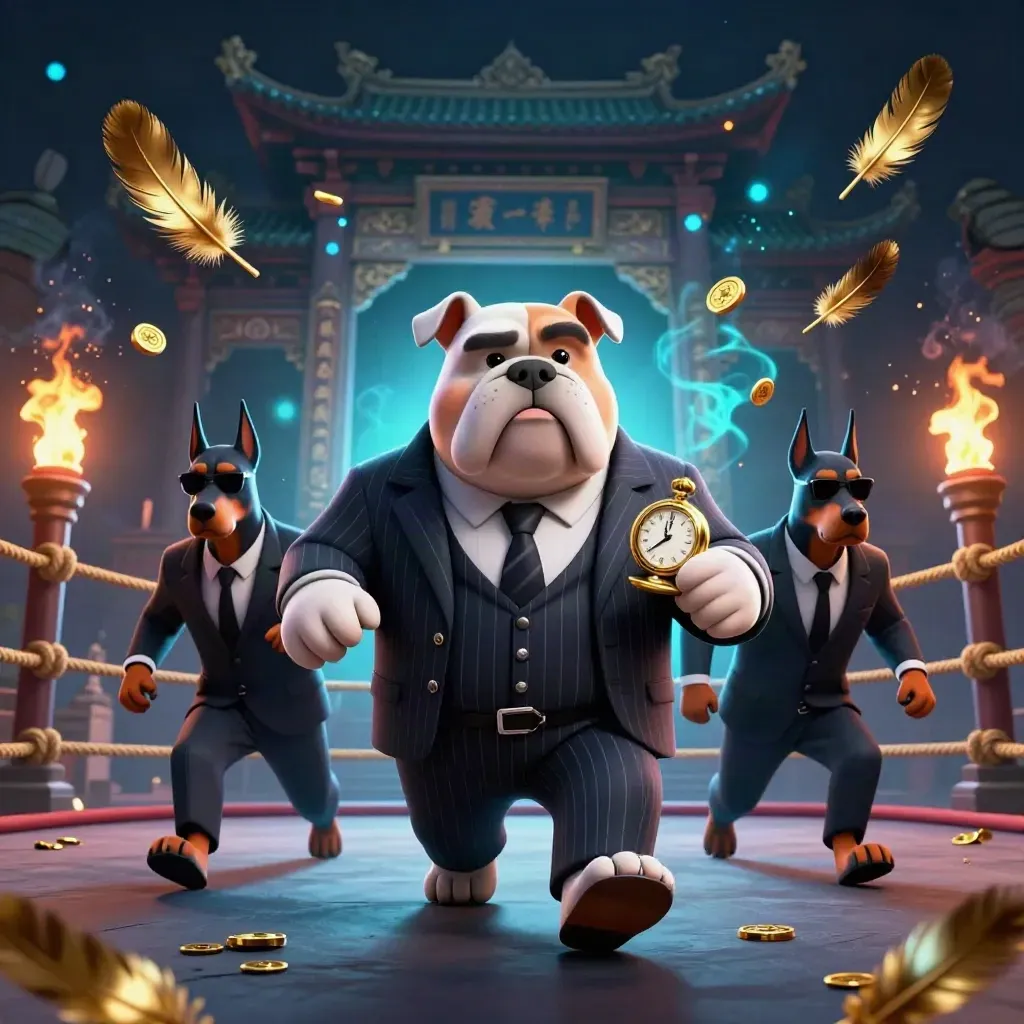 Bulldog boss and two Dobermans in a torch-lit temple ring amid coins, teal glow, and ember sparks.