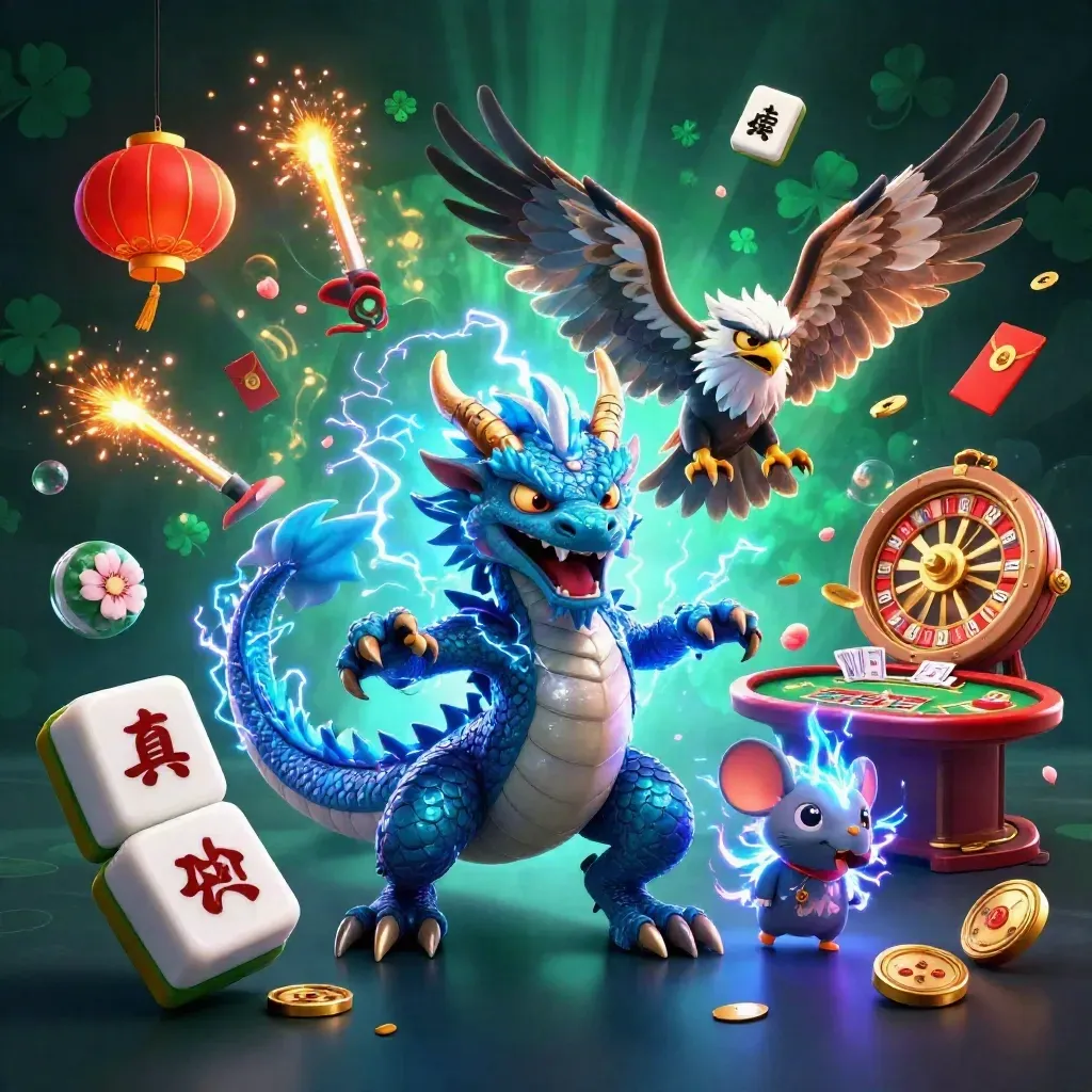 Lightning dragon, glowing hawk and static mouse over casino props in emerald neon.