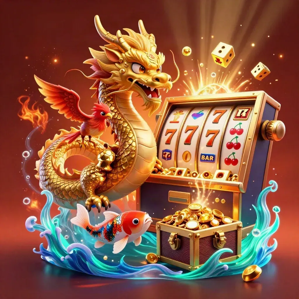 Golden dragon, phoenix and koi burst with gold beside a glowing slot machine