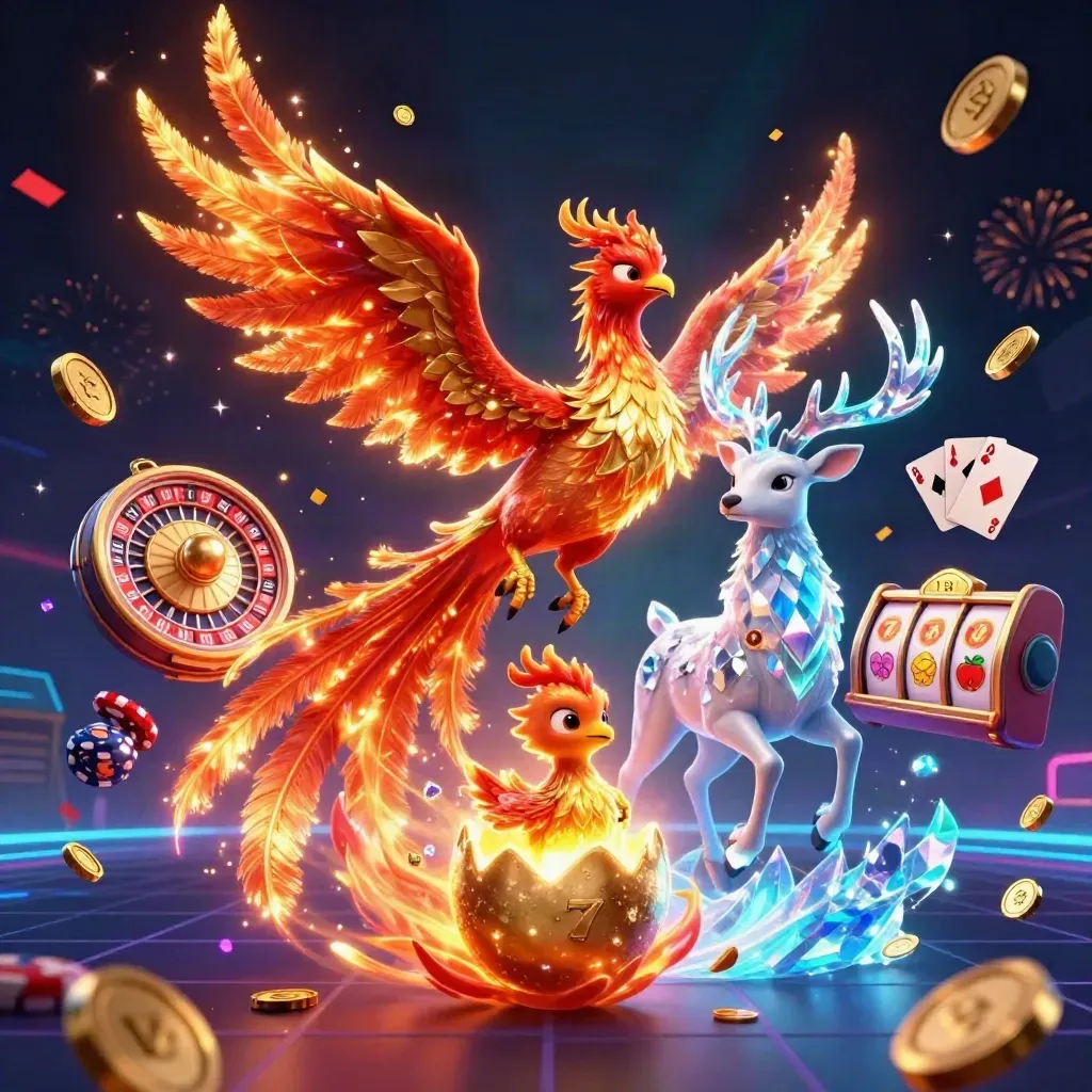 Phoenix, hatching chick, and crystal-antlered stag amid casino treasure bursts and neon light.